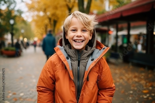 Portrait of a happy boy in the autumn park, outdoor shot