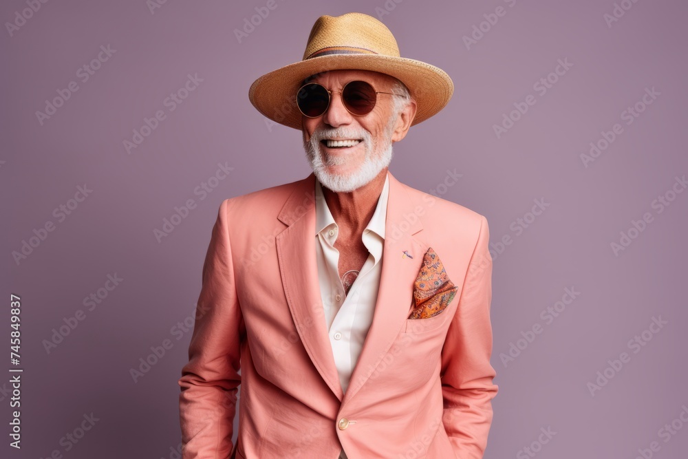 Stylish senior man in a hat and sunglasses on a purple background. Stylish senior man in a hat and sunglasses on a purple background.