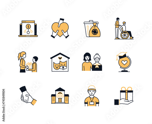 Help and care for those in need - line design style icons set with editable stroke. Charitable organization, share love, look after a disabled person, give a gift, take care of animals, volunteer idea