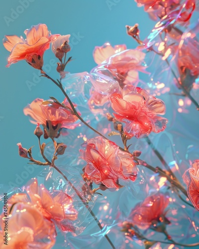 These backlit flowers glow with a translucent  radiant red against a soothing blue backdrop  creating a luminous contrast