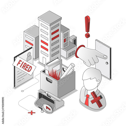Dismissal - red and black line isometric illustration. Unpleasant situation and troubles at work idea. Collect things and leave the workplace. Unemployment, economic crisis concept