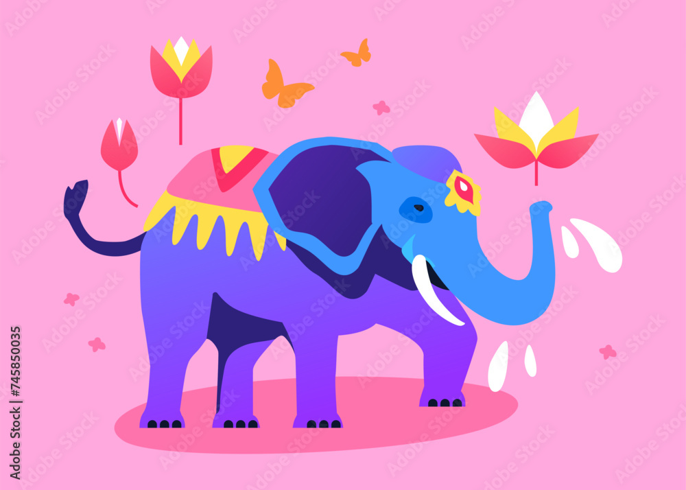 Fototapeta premium Big Indian Elephant - modern colored vector illustration with happy and sacred animal that holds a lotus flower in its trunk. Symbolizes abundance, harvest, fertility. Traditions and culture idea