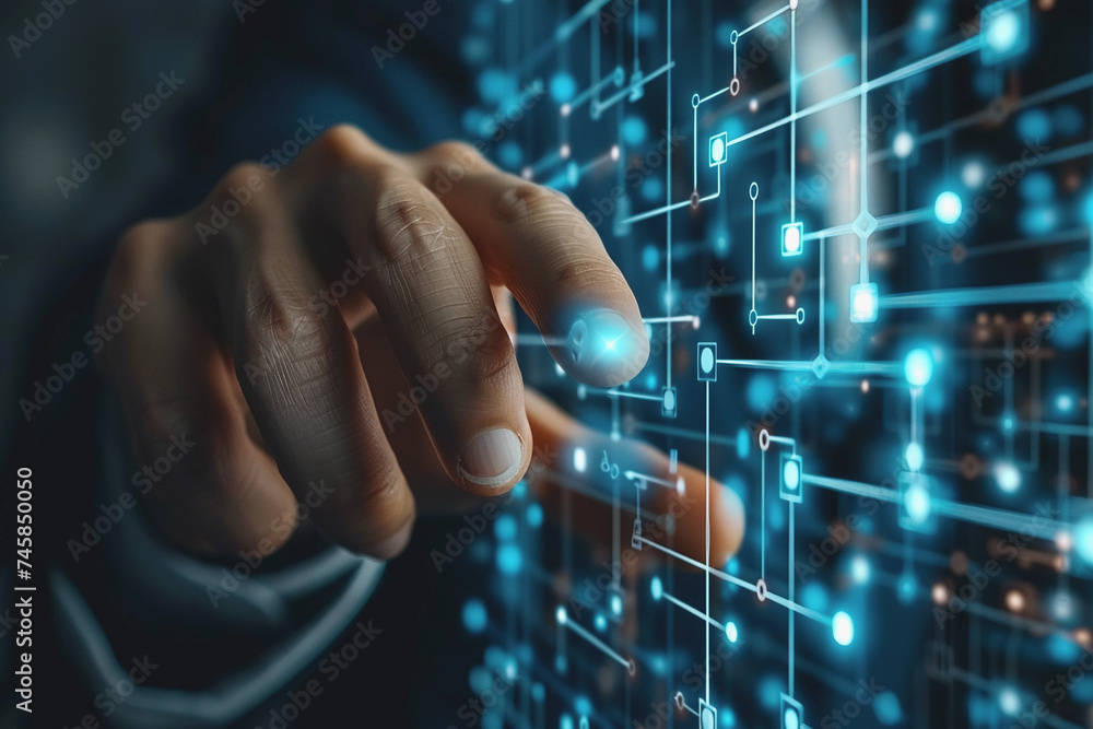 Man hand touching Global Internet connection. Financial and Digital link tech big data. AI Generated. Man hand touching Global Internet connection. Financial and Digital link tech big data. AI Generated.