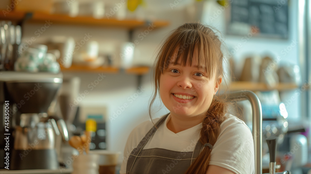 Closeup portrait of a smiling coffee shop female employee on a blurred cafe interior background Closeup portrait of a smiling coffee shop female employee on a blurred cafe interior background