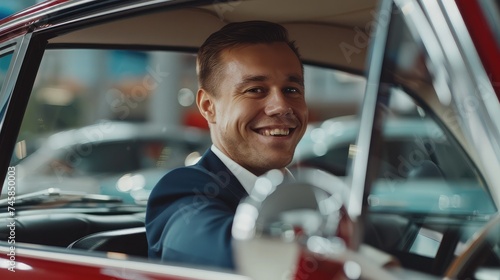 Satisfied smiling man customer buyer businessman client in classic suit sit in car salon chooses auto wants buy new automobile in showroom vehicle dealership store motor show indoor Car sales concept photo