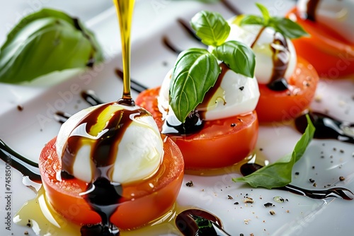 Caprese Salad: Ripe tomatoes, creamy mozzarella cheese, and fresh basil leaves drizzled with extra virgin olive oil and balsamic glaze photo