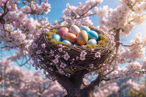Nest with Easter eggs on a flowering tree in a magical spring garden. Easter background