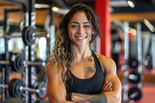 Portrait of muscular woman smiling, standing confident with crossed his arms in a gym