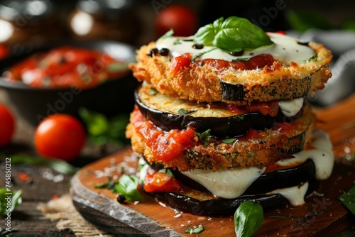 Eggplant Parmesan: Slices of eggplant breaded and fried until golden brown, layered with marinara sauce and melted mozzarella cheese, then baked to bubbling perfection photo