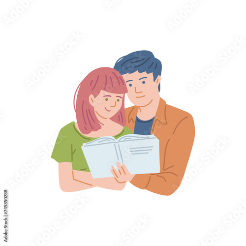 Young man and woman reading a book or textbook, vector illustration isolated.