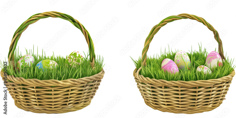 Set of baskets full of painted easter eggs and some green grass and wildflowers isolated on transparent background Set of baskets full of painted easter eggs and some green grass and wildflowers isolated on transparent background