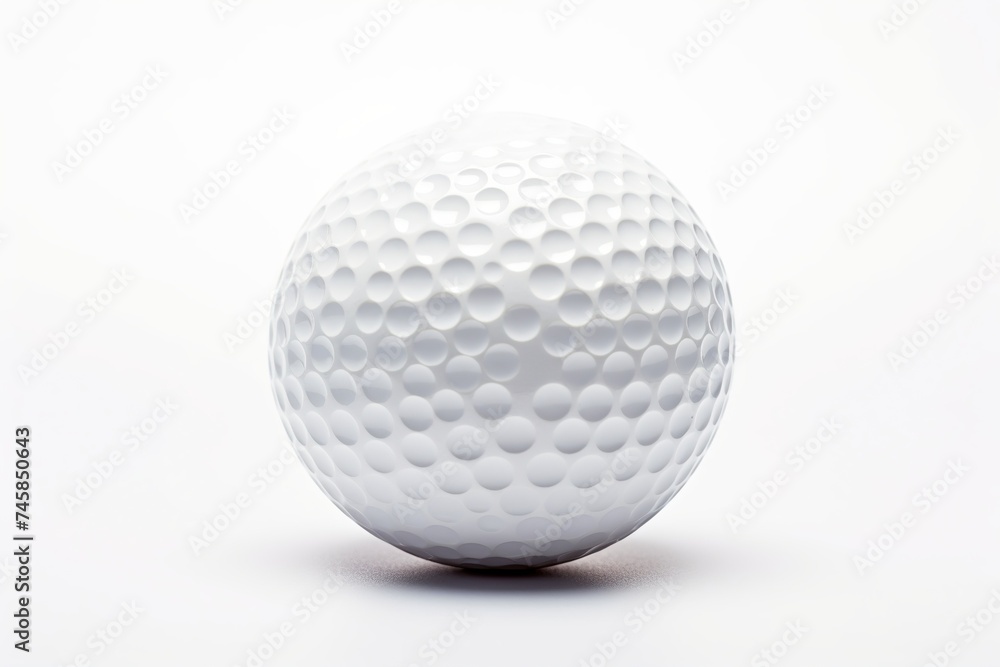 Close-up of a pristine white golf ball isolated on a white background, emphasizing the dimpled texture Close-up of a pristine white golf ball isolated on a white background, emphasizing the dimpled texture