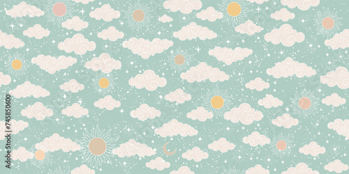 Seamless celestial pattern with sun  moon  stars and clouds. Cute background for a card in pastel colors  ornament for paper  fabric  wallpaper. Vector illustration.