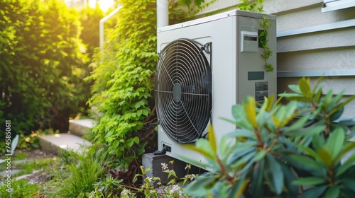 Closeup ductless mini split of the air conditioner in the garden photo