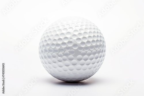 Close-up of a pristine white golf ball isolated on a white background, emphasizing the dimpled texture