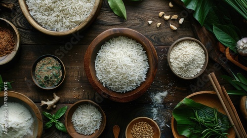 Top Table View Of Thai Jasmine Rice in Wooden Bowl, staple food of Thailand and Asia, providing energy in every meal.