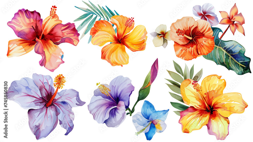 set of watercolor tropical flowers, isolated on transparent background