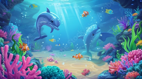 An enchanting underwater world filled with smiling fish, cute seahorses, and playful dolphins, set against a backdrop of coral reefs and sunken treasures.