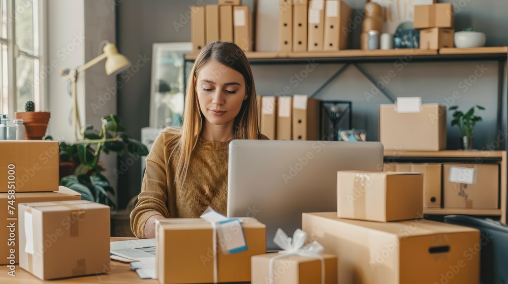 Fototapeta premium woman entrepreneur are going live selling products, selling products online, packing orders from customers who order through online selling sites. Concept of selling products online