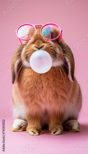 An adorable red-furred rabbit cheekily chews on bubble gum against a pink background photo