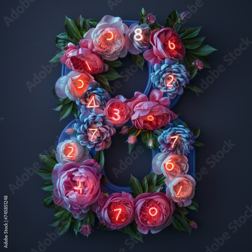 An artistic floral arrangement in the shape of numbers  presenting a creative and modern take on botanical design