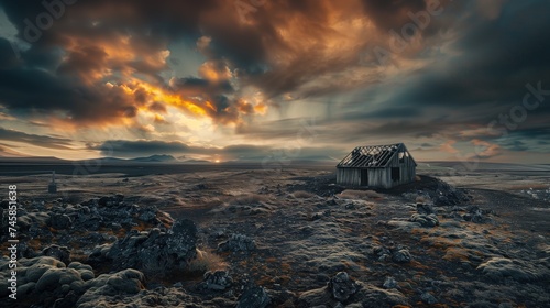Abandoned ruined house in the arctic circle at the end of the world and a magnificent landscape of northern summer wasteland in a valley and with mountains on the horizon with the setting sun