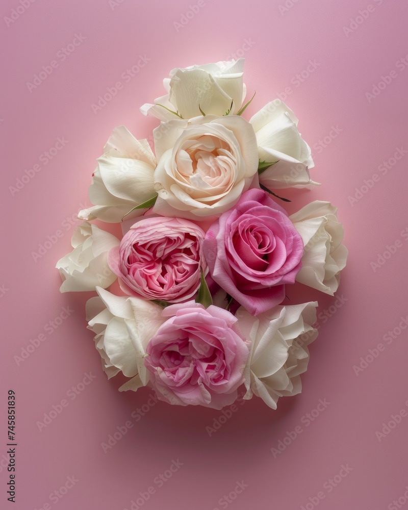 An elegant composition of roses arranged in a heart shape on a soft pink background, creating a romantic atmosphere An elegant composition of roses arranged in a heart shape on a soft pink background, creating a romantic atmosphere