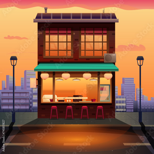 Asian style cafe on the background of the city at sunset, vector illustration