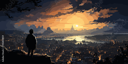 man watching over the city,illustration painting