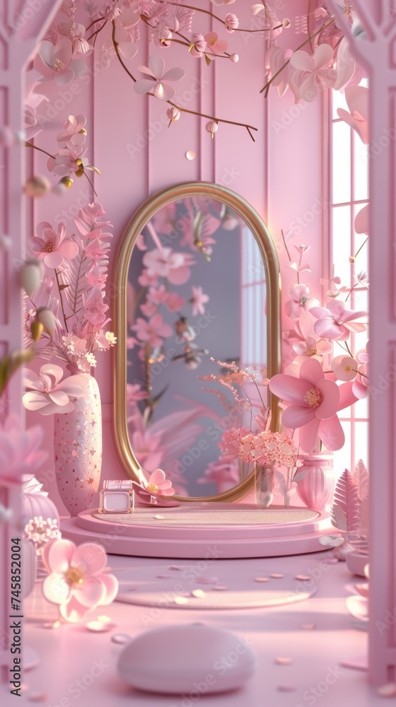 Obraz premium A beautiful, serene 3D rendering of a pink room adorned with flowers, a,mirror, and a touch of elegance