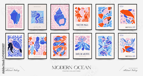 Underwater world, ocean, sea, fish and shells vertical flyer or poster template. Modern trendy Matisse minimal style.