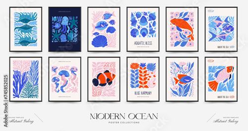 Underwater world, ocean, sea, fish and shells vertical flyer or poster template. Modern trendy Matisse minimal style.