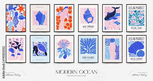 Underwater world, ocean, sea, fish and shells vertical flyer or poster template. Modern trendy Matisse minimal style.