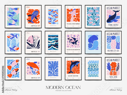Underwater world, ocean, sea, fish and shells vertical flyer or poster template. Modern trendy Matisse minimal style.