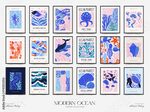 Underwater world, ocean, sea, fish and shells vertical flyer or poster template. Modern trendy Matisse minimal style.