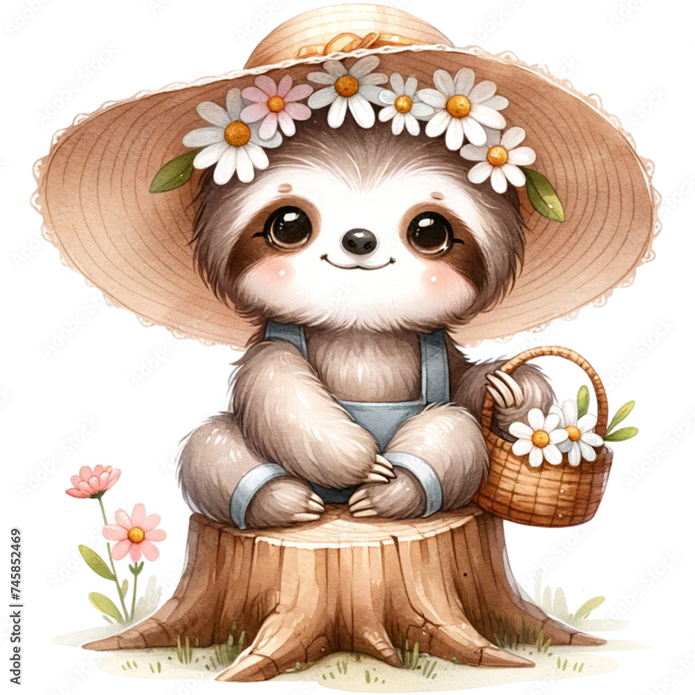 Obraz premium cute watercolor sloth with daisy flowers,spring sloth.cute baby sloth.