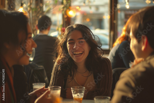 A woman shares a heartfelt laugh with friends in a warmly lit cafe  embodying the joy of companionship.Heartwarming Laughter at a Friendly Cafe Meeting.