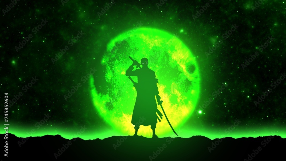 Anime character on the background of the moon, illustration, anime background, green color 