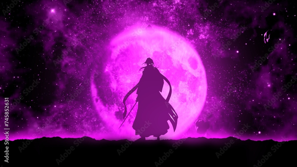 Anime character on the background of the moon, sakura, illustration, anime wallpaper Anime character on the background of the moon, sakura, illustration, anime wallpaper