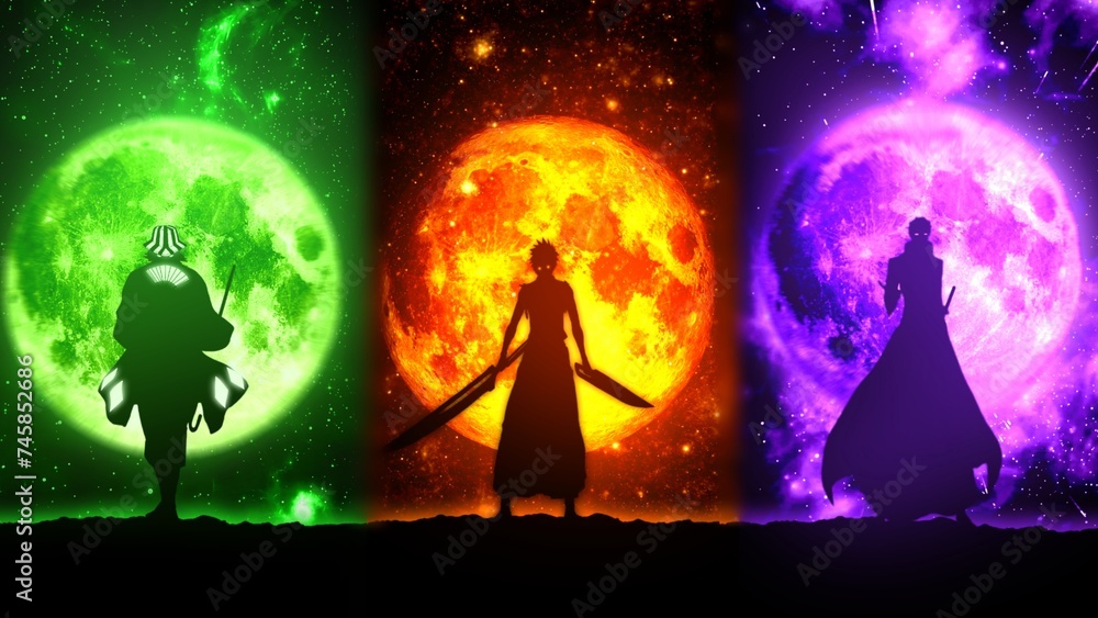 Three anime characters on the background of the moon, anime wallpaper, wallpaper for PC