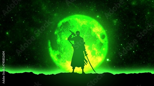 Anime character on the background of the moon, illustration, anime background, green color 