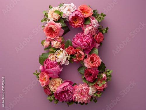Exquisite bouquet forming the number eight suggesting celebration and appreciation with a diverse assortment of colorful blooms © Glittering Humanity