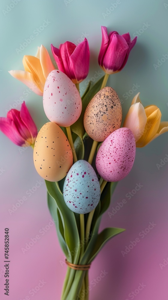 A vibrant bouquet of tulips cradling a collection of speckled Easter eggs against a soft backdrop evoking spring cheer A vibrant bouquet of tulips cradling a collection of speckled Easter eggs against a soft backdrop evoking spring cheer