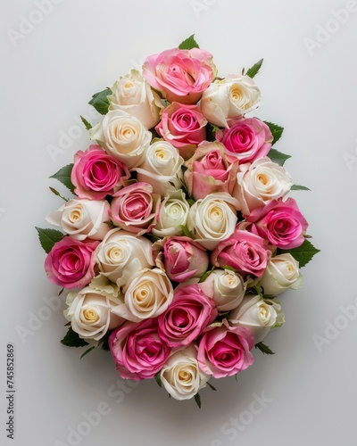 Top-down image capturing a lush bouquet of mixed roses forming a circular pattern on a white background © Glittering Humanity