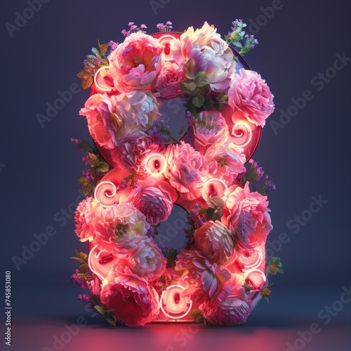 Wallpaper Mural A stunning image featuring the number 8, 8th march crafted from vibrant flowers and radiant neon lights, creating a striking visual blend of nature and technology Torontodigital.ca