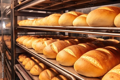 Baked bread on a bakery production line. bread production