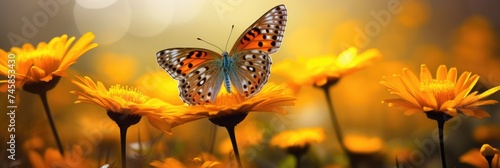 a butterfly sits on spring flowers. spring Summer. banner. © inna717