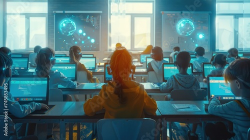 it education with children group in school at computer science class learning leassons and practice typing