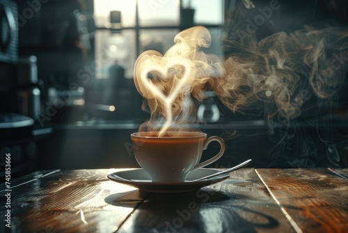 coffee cup with heart- shaped steam on background of coffee beans