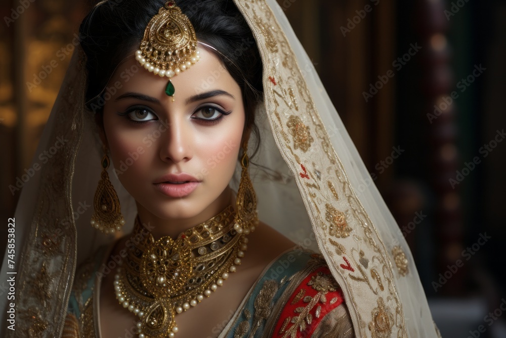 Beautiful young Indian bride in wedding sari